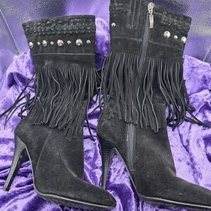 Guess Black Suede Fringe Heeled Boots